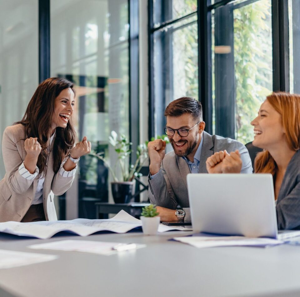 Business team celebrating success with a joyful office meeting.