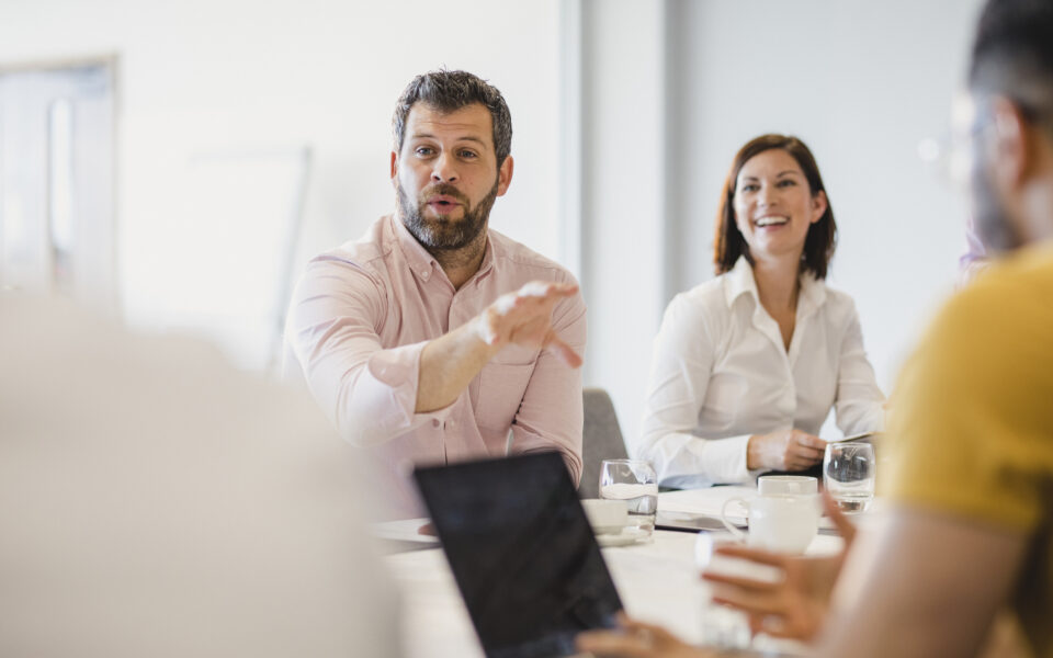 Businessman with beard explaining in meeting with colleagues